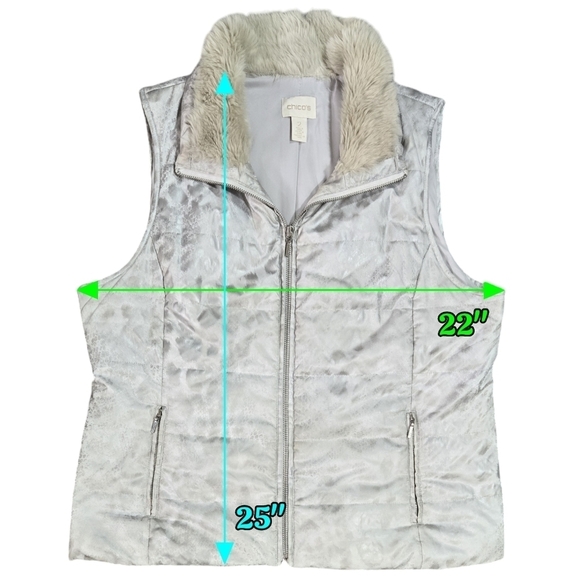 Chico's Silver Animal Print Metallic Faux Fur Collar Quilted Zip Vest Pockets - Picture 4 of 9